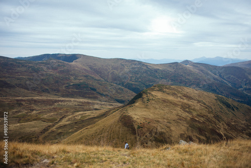 The girl travels in the mountains. Beautiful mountain landscape. Ukrainian Carpathian Mountains.