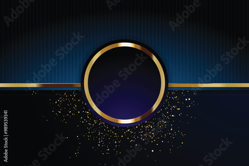 Abstract blue and gold design with a circle and glitter.