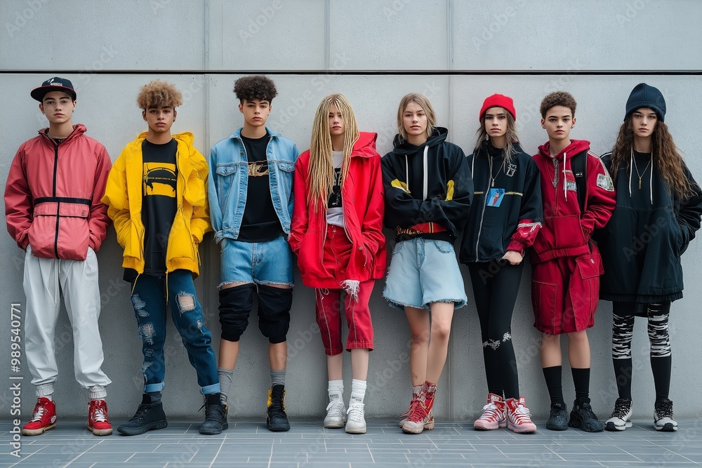 Fototapeta premium A group of stylish teens in urban fashion posing against a concrete wall during daylight hours in a modern city setting