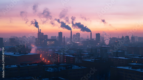 An industrial city skyline at twilight air thick with smog and pollution.