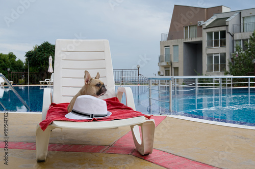 Charming bulldog breed dog lying on a white lounge chair while relaxing by a large pool.