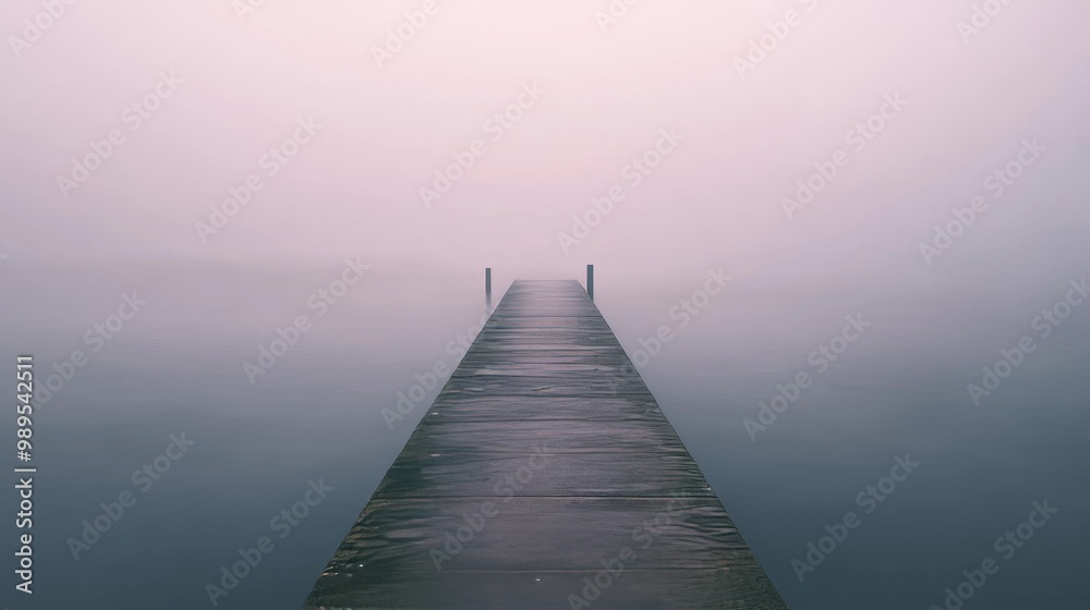 Serene Foggy Pier Extending Into a Misty Lake Serene Foggy Pier Extending Into a Misty Lake