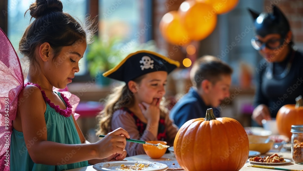 Children painting pumpkins at a school Halloween party Children painting pumpkins at a school Halloween party