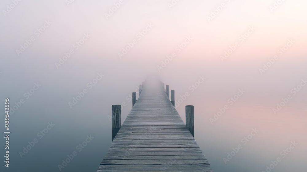 Fototapeta premium Foggy Morning on a Wooden Dock - Serene Landscape Photography