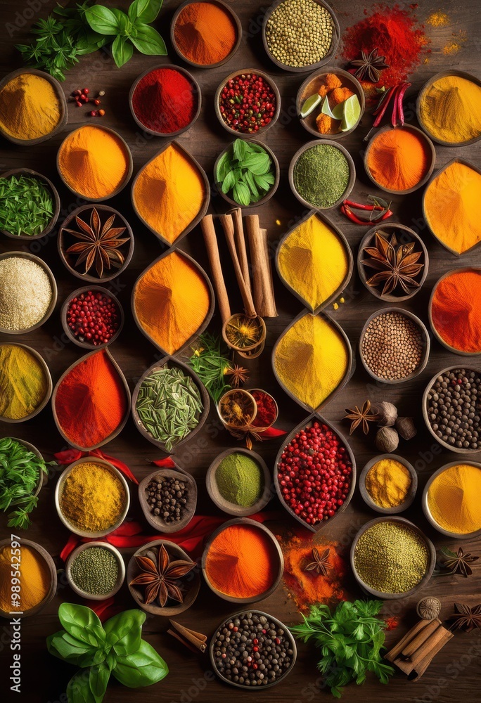 colorful display vibrant spices fresh ingredients arranged eye catching patterns culinary inspiration, arrangement, variety, herb, aroma, flavor, cooking