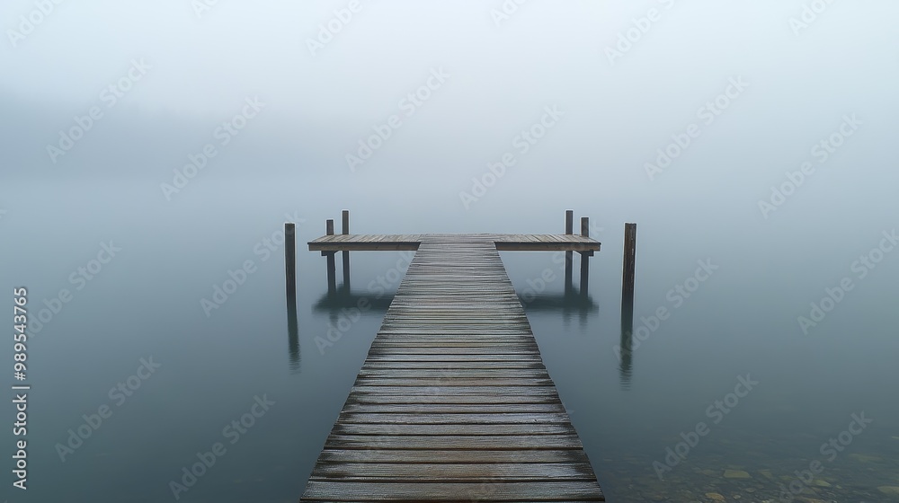 Fototapeta premium Serene Foggy Lake with Wooden Pier and Reflections
