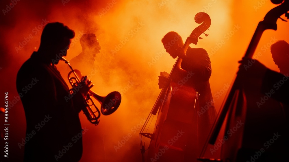 Fototapeta premium Silhouettes of Musicians Performing on Stage with Orange Lighting