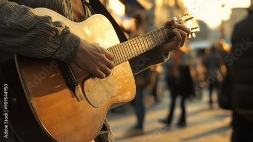 Street Musician Playing Acoustic Guitar in City
