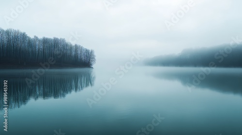 Serene Foggy Lake with Tree Reflections