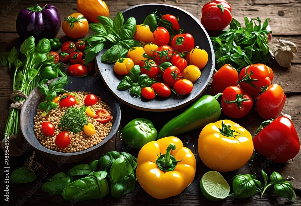 vibrant colorful meals artfully arranged rustic textured wooden surface showcasing fresh ingredients culinary creativity, arrangement, appetizing, aesthetic vibrant colorful meals artfully arranged rustic textured wooden surface showcasing fresh ingredients culinary creativity, arrangement, appetizing, aesthetic