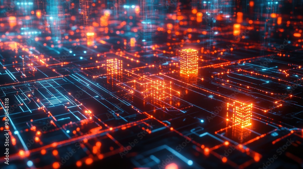 Futuristic Digital Cityscape with Glowing Circuit Board Elements and Neon Lights Futuristic Digital Cityscape with Glowing Circuit Board Elements and Neon Lights