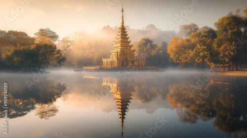 Golden Pagoda Reflecting in Misty Lake: A Serene Landscape