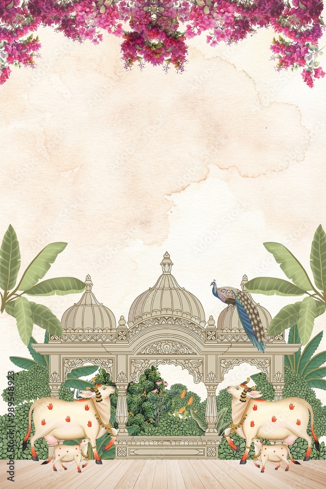 Φωτογραφία pichwai art background wedding invitation template