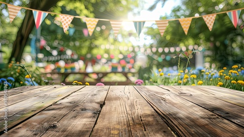 Festive garden party setting with wooden deck for product display