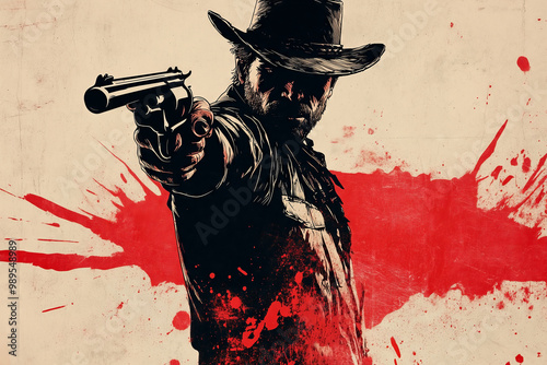 A daring cowboy stands ready with a revolver, amidst a backdrop of dynamic colors and hints of a wild west showdown set in the rugged frontier photo