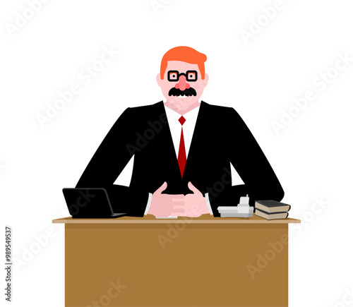 Boss scammer. leader with fake moustache and glasses promises earnings