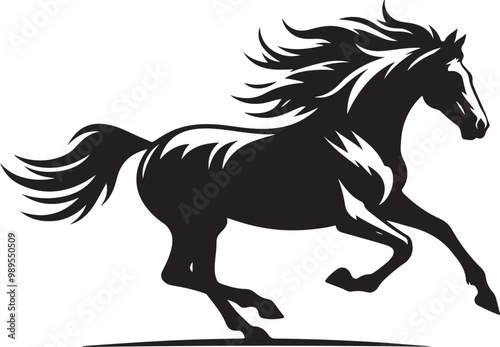 Black Horse Vector Illustration, Stylized black and white vector illustration of an elegant horse in motion with flowing mane and tail.