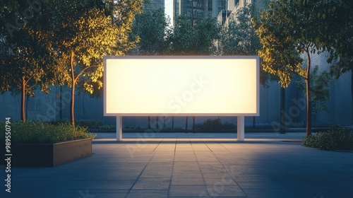 Illuminated Blank Billboard in Urban Park at Dusk with Trees and Modern Buildings in Background