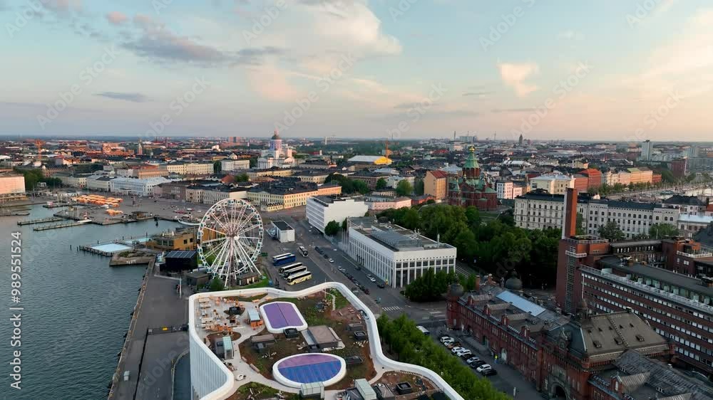 4k Aerial view of famous places architectural landmarks Helsinki Uspenski Cathedral. Helsinki, Finland.