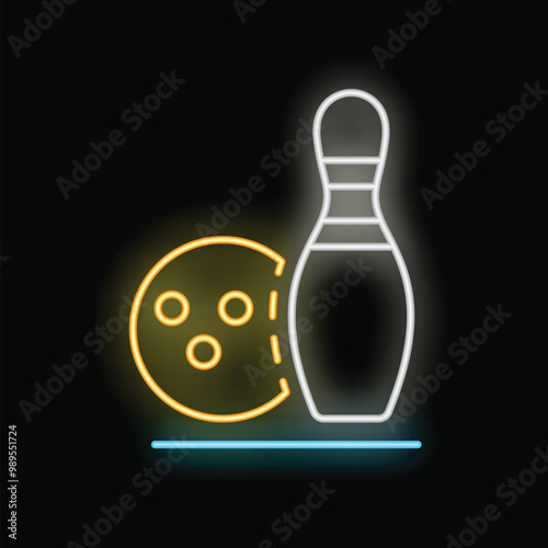 Neon sign representing a bowling ball aiming at a pin, perfect for illustrating a bowling alley or a fun night out