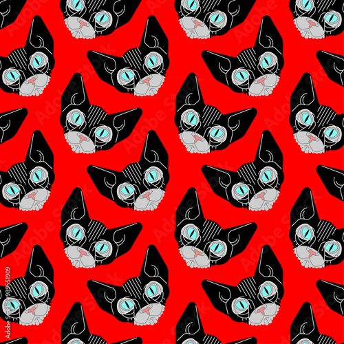 Cat Sphynx BDSM pattern seamless. Pet in Latex Mask background. Adult Ornament