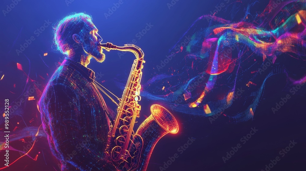Obraz premium Abstract Saxophone Player: A Symphony of Light and Sound
