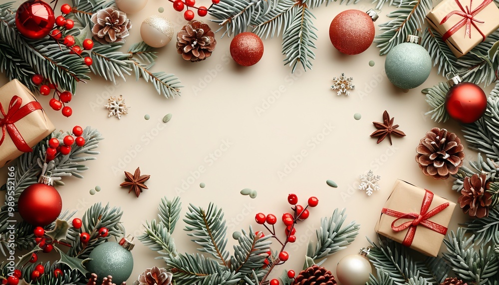Festive Christmas Wreath Border with Red Baubles and Pine Cones for Holiday Card Design Festive Christmas Wreath Border with Red Baubles and Pine Cones for Holiday Card Design