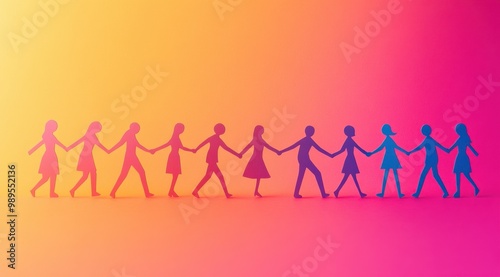 A group of paper people holding hands in an illustrated line, with shadows on the ground and a gradient background Generative AI