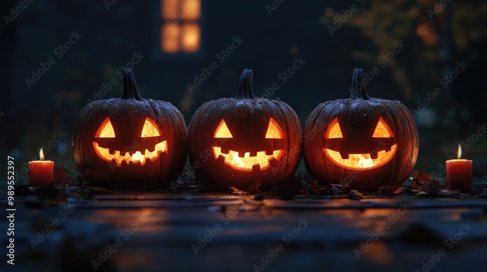 Three halloween Jack O' Lantern pumpkins Three halloween Jack O' Lantern pumpkins