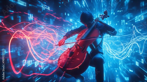 Cello Player in a Digital World: A Neon Symphony