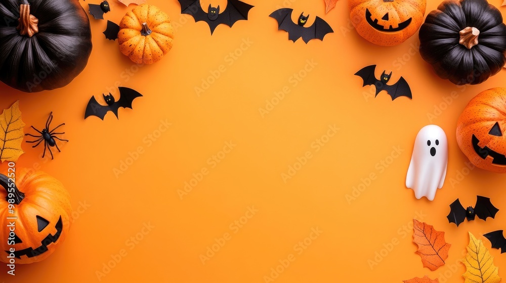 Top view of Halloween crafts, orange pumpkin, ghost, bat and spider on orange background with copy space for text