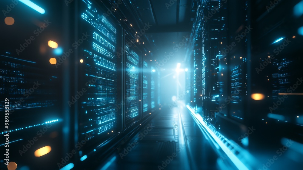 Futuristic Data Center: Server Racks and Digital Infrastructure