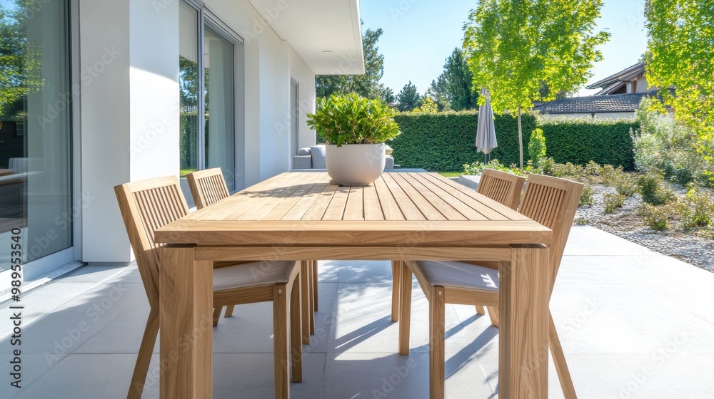 Fototapeta premium Modern Outdoor Dining Table in Bright Garden Setting