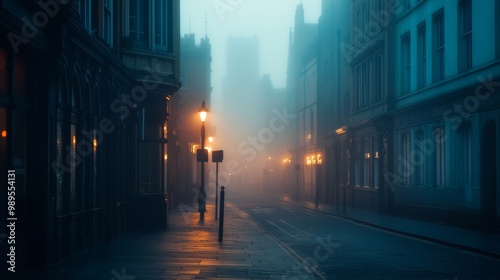 Foggy City Street at Night with Street Lights