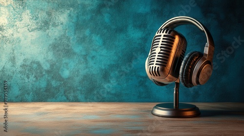 Vintage Microphone and Headphones on a Wooden Surface