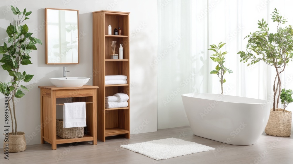Fototapeta premium Modern Bathroom with Wooden Features and Green Plants