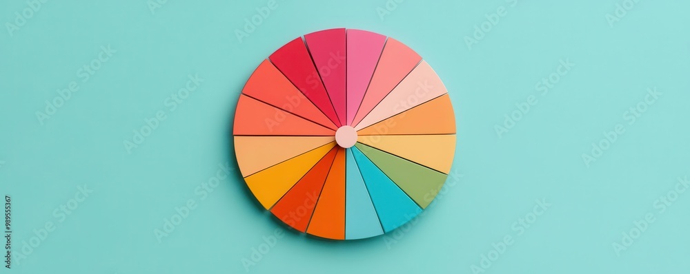 Obraz premium A circular color wheel showing a spectrum of vibrant hues on a blue background, useful for art and design applications.