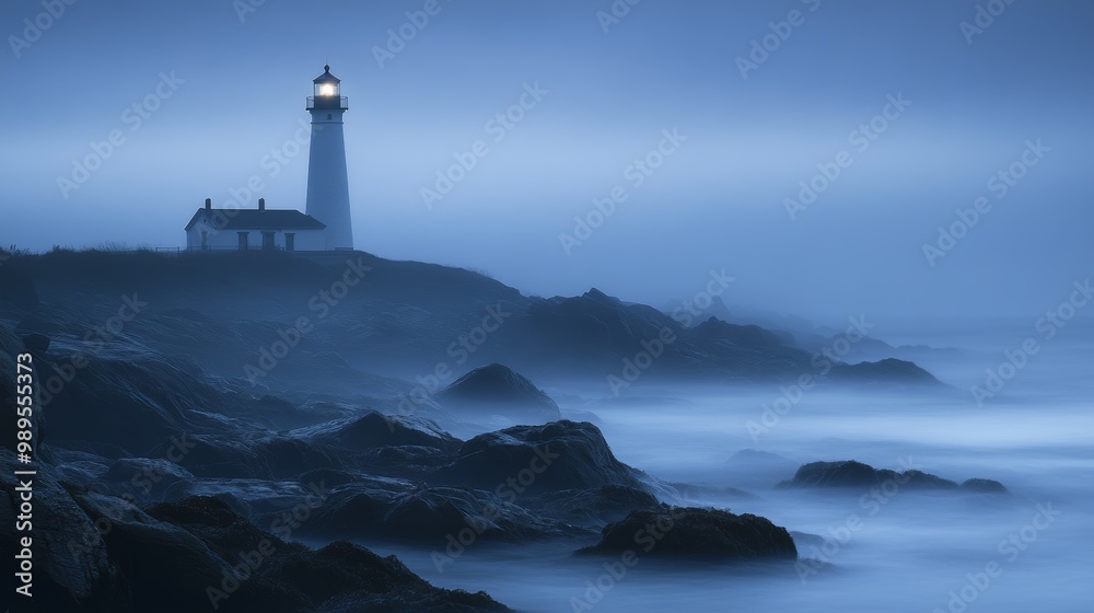 Lighthouse in Foggy Coastline: A Serene Landscape Lighthouse in Foggy Coastline: A Serene Landscape