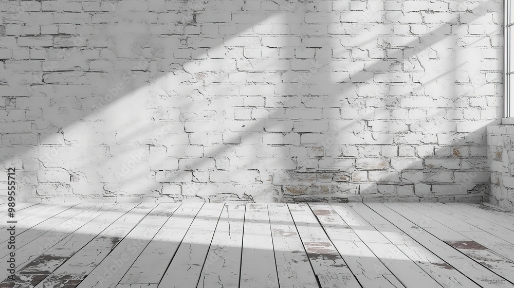 Sunlight floods into an open space featuring a whitewashed brick wall and wooden flooring, creating a warm, inviting atmosphere perfect for creative endeavors Sunlight floods into an open space featuring a whitewashed brick wall and wooden flooring, creating a warm, inviting atmosphere perfect for creative endeavors