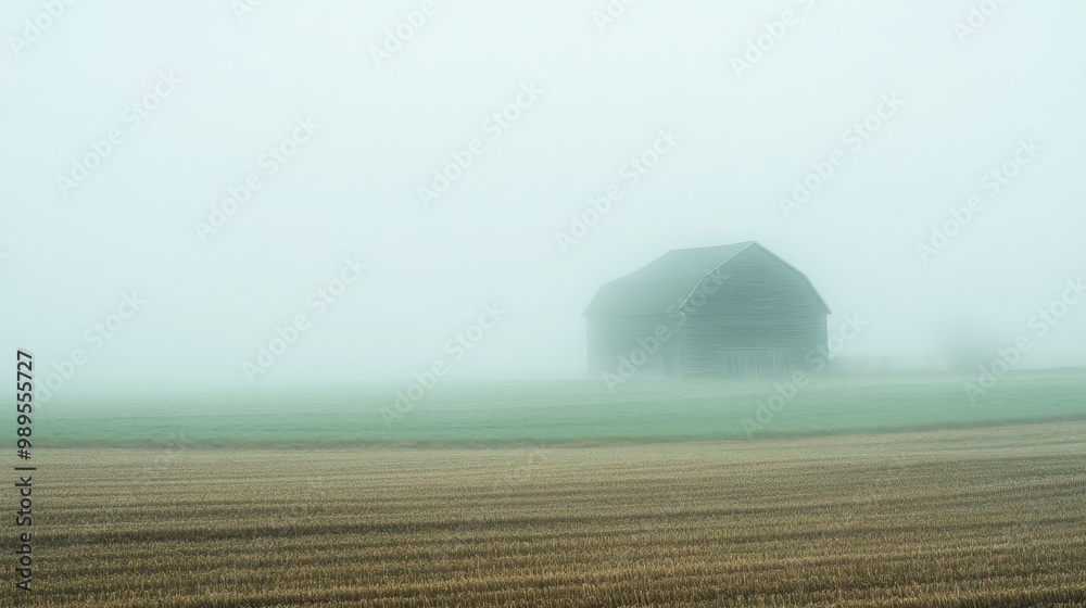 Fototapeta premium Misty Morning Landscape with Old Barn and Foggy Field