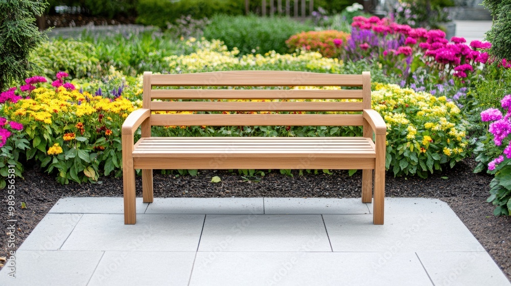 Wooden Bench Surrounded by Colorful Flower Garden Wooden Bench Surrounded by Colorful Flower Garden