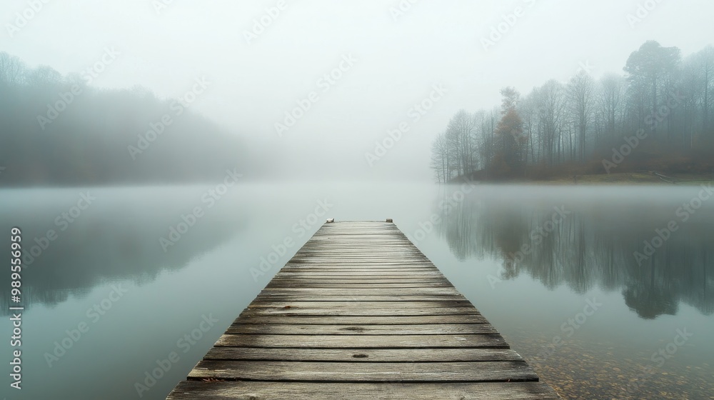 Serene Foggy Lake with Wooden Pier - Tranquil Nature Photography Serene Foggy Lake with Wooden Pier - Tranquil Nature Photography