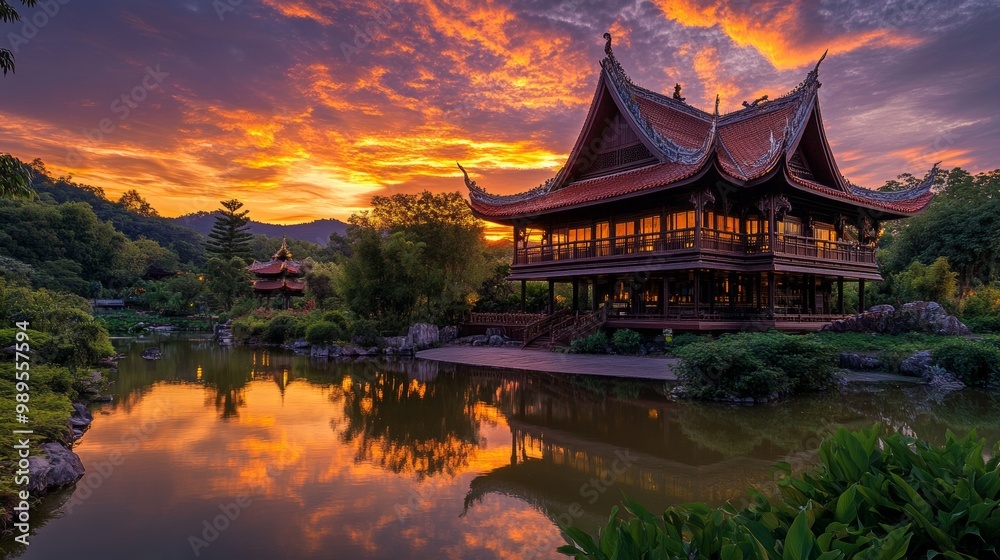 Obraz premium Serene Sunset Landscape with Pagoda Reflection in Pond