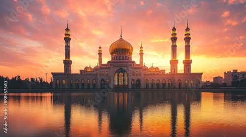 Majestic Mosque with Golden Dome Reflected in Sunset Water