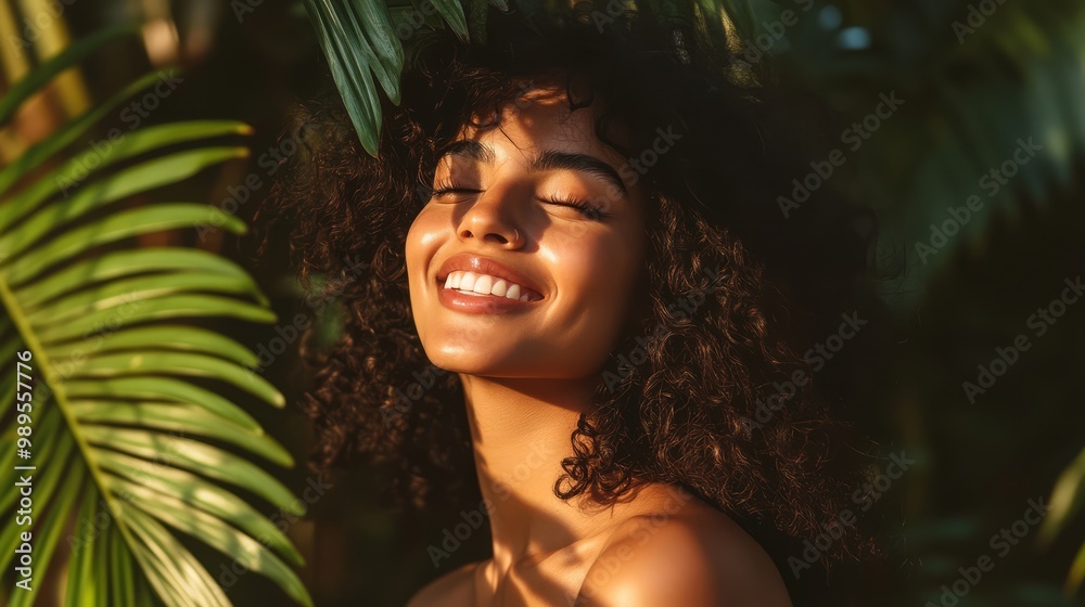 A radiant Latina with curly hair enjoys a sunny day amid vibrant tropical plants A radiant Latina with curly hair enjoys a sunny day amid vibrant tropical plants
