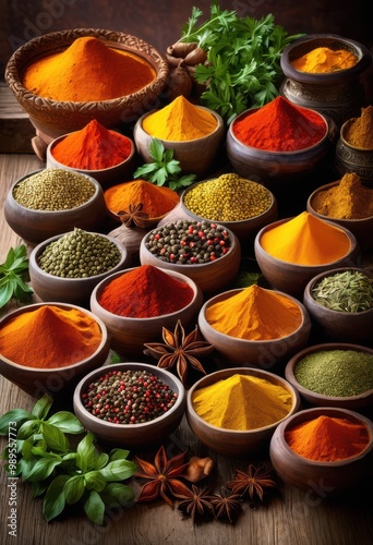 vibrant spice showcase featuring colorful elements varied textures seasonings eye catching arrangement, aroma, bright, composition, containers, culinary