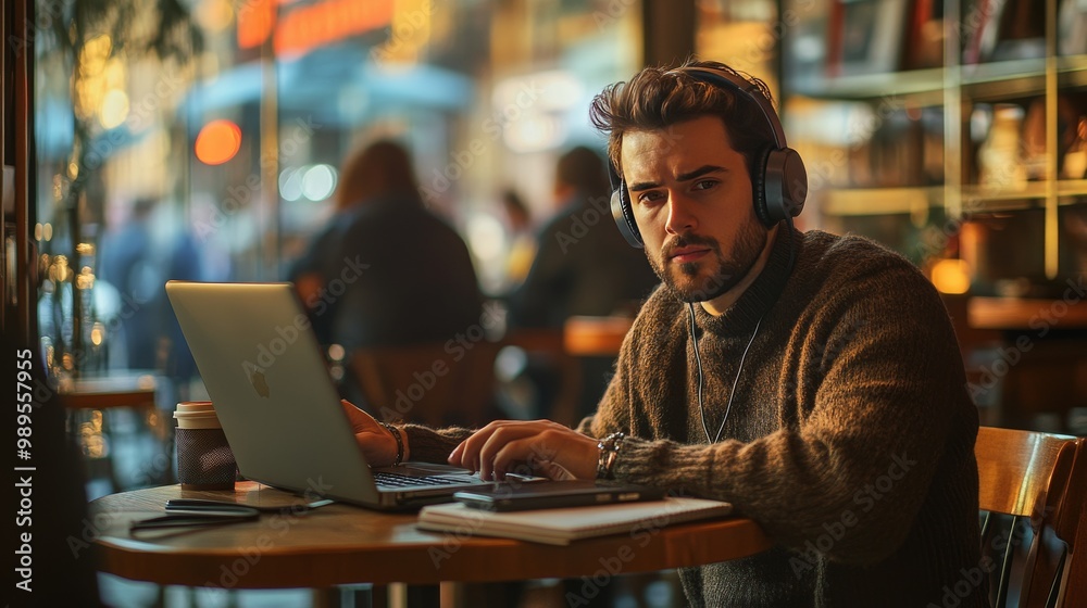 Focused Man Working on Laptop in Cafe Focused Man Working on Laptop in Cafe