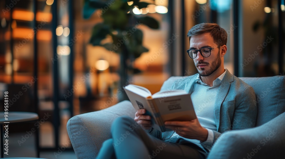 Man Reading Book in a Modern Office Lounge