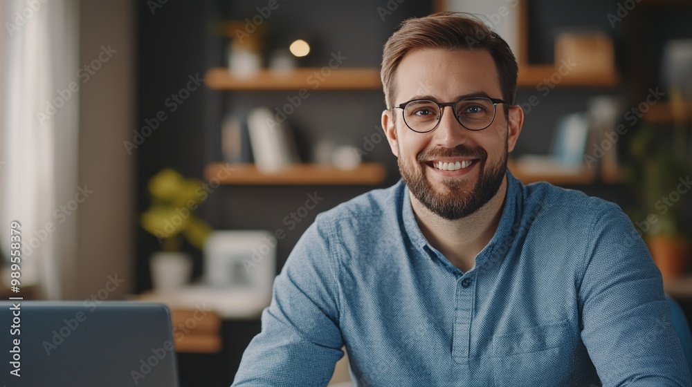 Smiling Man in Glasses Working in Home Office Smiling Man in Glasses Working in Home Office