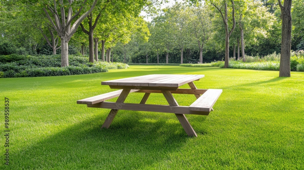 Tranquil Park Area with Picnic Table in Lush Green Grass Tranquil Park Area with Picnic Table in Lush Green Grass